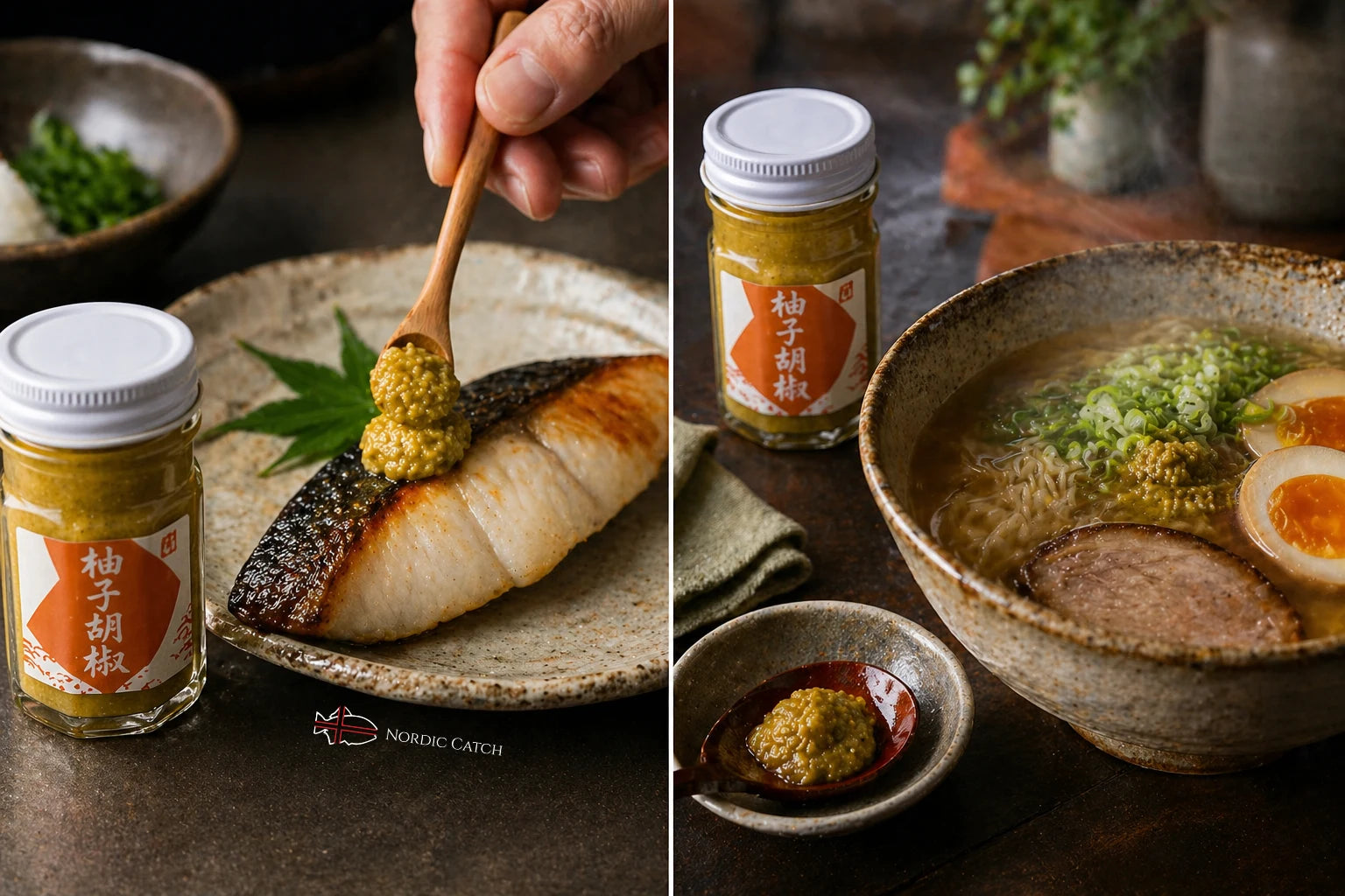 Collage of a hand using a wooden spoon with mustard, jars of mustard, and a bowl of soup.