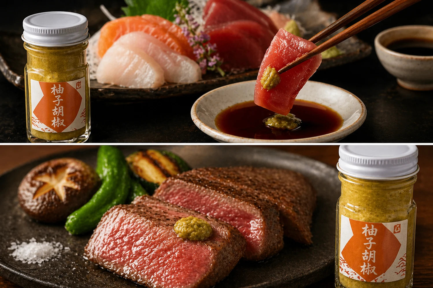 Sashimi, grilled fish, and sliced beef with a jar of wasabi on a dark surface.