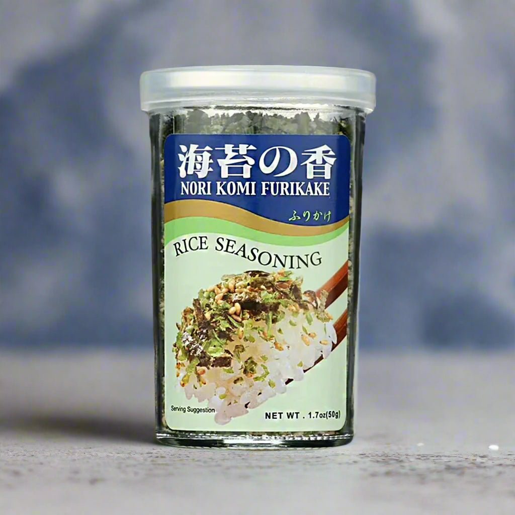 Jar of Nori Komi Furikake rice seasoning on a white background
