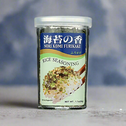Jar of Nori Komi Furikake rice seasoning on a white background