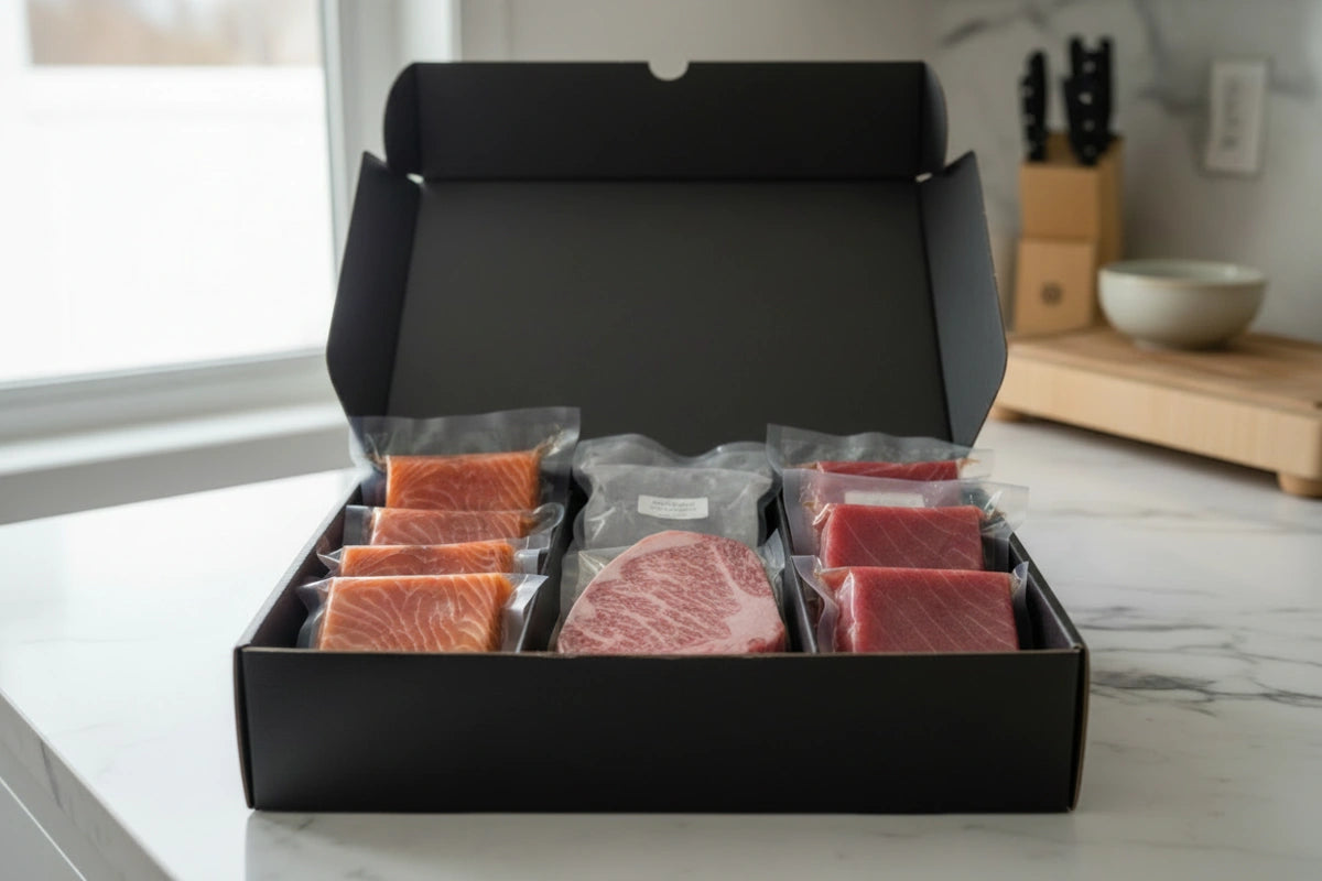 Box of raw meat and seafood on a kitchen counter