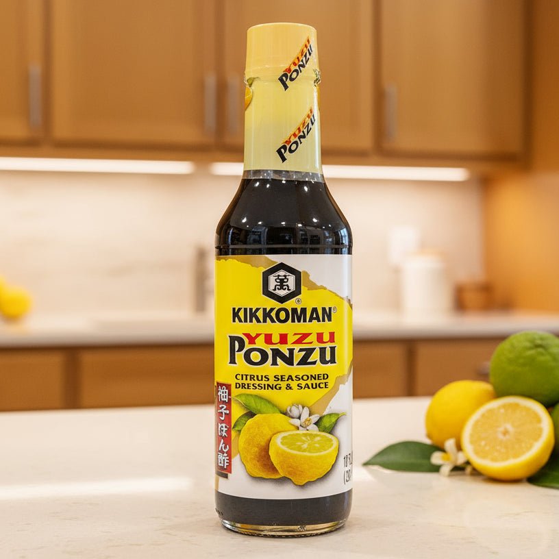 Kikkoman Yuzu Ponzu dressing bottle in modern kitchen