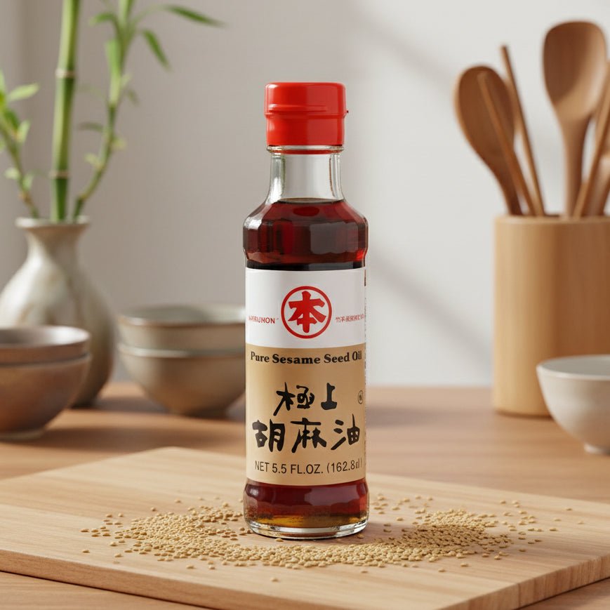 Bottle of pure sesame seed oil with a red cap on cutting board