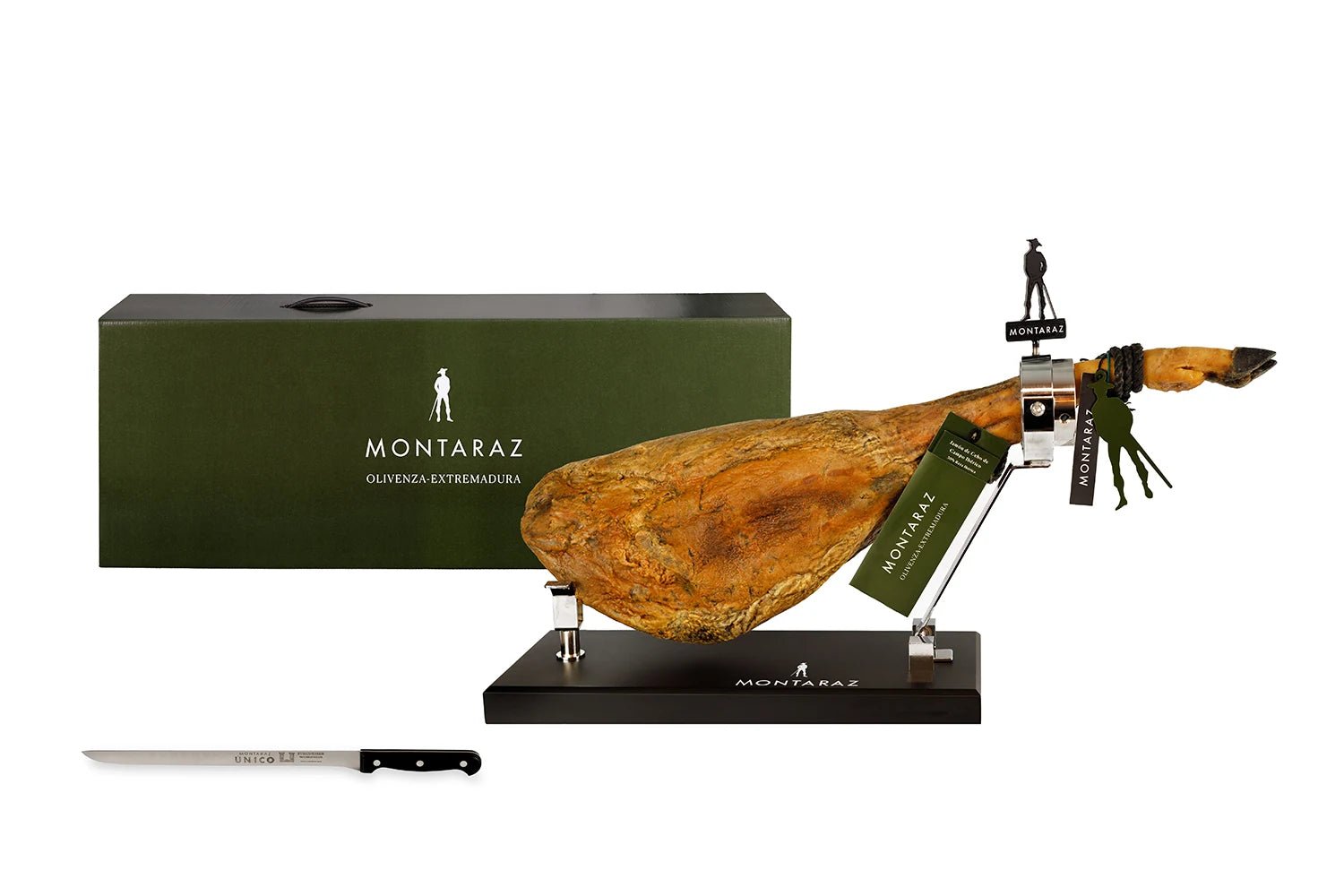 Ham on a stand with a knife and Montaraz branding on a white background
